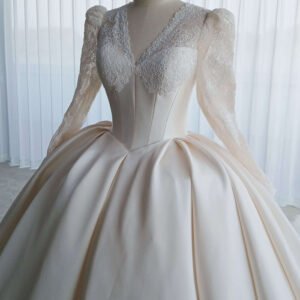 Vintage Long Sleeve Lace Satin Ball Gown Wedding Dress